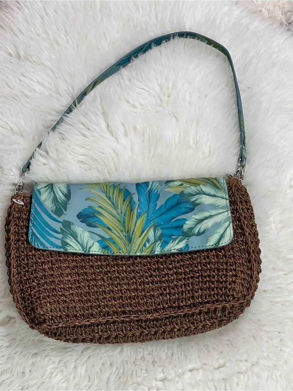 Tommy Bahama Brown Woven Shoulder Bag with Teal and Green leather Leaf Flap